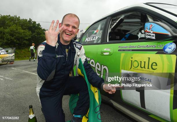 Letterkenny , Ireland - 17 June 2018; Manus Kelly in a Subaru Impreza WRC S12B celebrates at the end of stage 20 Glen after winning during the Joule...