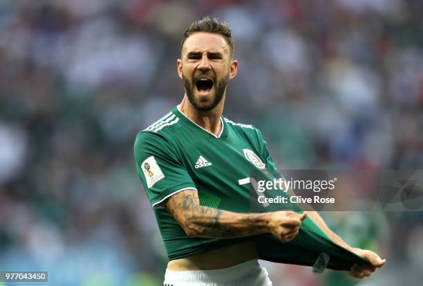 Miguel Layun of Mexico reacts during the 2018 FIFA World Cup Russia group F match between Germany and Mexico at Luzhniki Stadium on June 17, 2018 in...