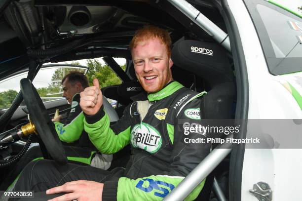 Letterkenny , Ireland - 17 June 2018; Sam Moffett and Karl Atkinson in a at the finish of the Joule Donegal International Rally - Day 3 in...