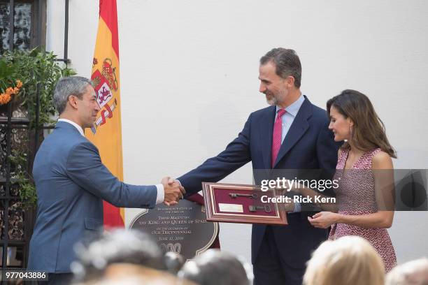 Their Majesties King Felipe VI and Queen Letizia of Spain are presented with keys to "La Villita" San Antonio by San Antonio Mayor Ron Nirenberg at...