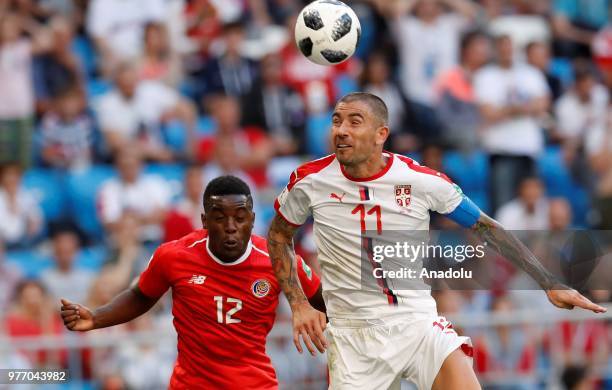 Aleksandar Kolarov of Serbia in action against Joel Campbell of Costa Rica during the 2018 FIFA World Cup Russia Group E match between Costa Rica and...