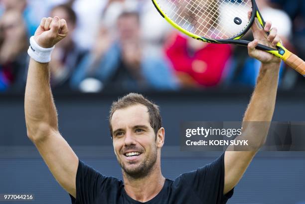 Richard Gasquet of France celebrates winning the men's final of the Libema Open tennis tournament in Rosmalen, The Netherlands, on June 17, 2018. -...