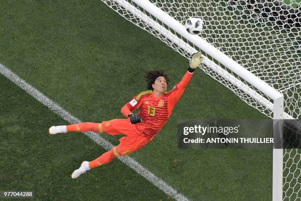 Mexico's goalkeeper Guillermo Ochoa in action during the Russia 2018 World Cup Group F football match between Germany and Mexico at the Luzhniki...
