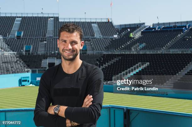 Grigor Dimitrov of Bulgaria portraits during qualifying Day 2 of the Fever-Tree Championships at Queens Club on June 17, 2018 in London, United...