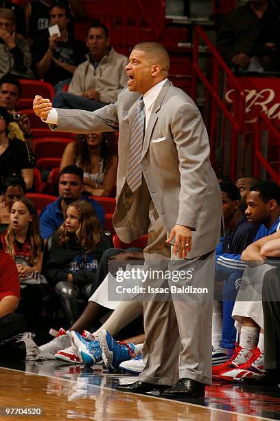 Philadelphia 76ers head coach Eddie Jordan leads his team against the Miami Heat on March 14, 2010 at American Airlines Arena in Miami, Florida. NOTE...