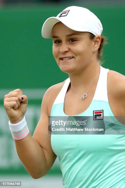Ashleigh Barty of Australia celebrates match point during her women's singles final match against Johanna Konta of Great Britain on Day Nine of the...