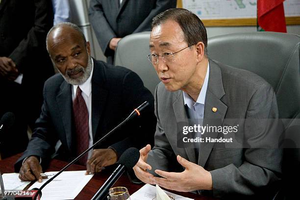 In this handout image provided by the United Nations Stabilization Mission in Haiti , UN Secretary General Ban Ki-moon and Haitian President Rene...