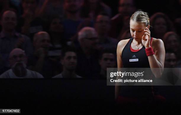 April 2018, Germany, Stuttgart: Tennis, WTA-Tour, single, women. Estonia's Anett Kontaveit reacting during her match against the Czech Republic's...