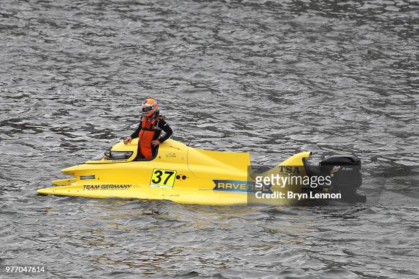 Francesco Cantando of Italy and the Blaze Performance Team broke down in the F1H2O UIM Powerboat World Championship London race on June 17, 2018 in...