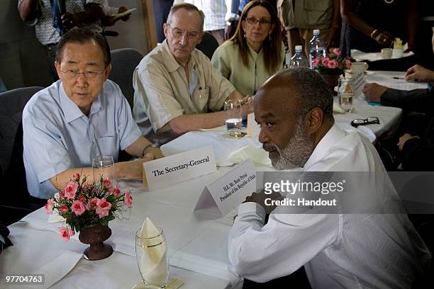 In this handout image provided by the United Nations Stabilization Mission in Haiti , UN Secretary General Ban Ki-moon and Haitian President Rene...