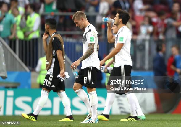 Toni Kroos of Germany looks dejected following his sides defeat in the 2018 FIFA World Cup Russia group F match between Germany and Mexico at...