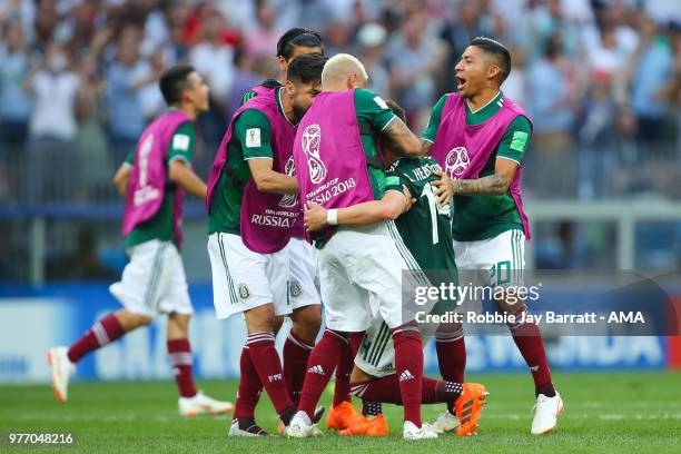 The Mexico players celebrate at the end of the 2018 FIFA World Cup Russia group F match between Germany and Mexico at Luzhniki Stadium on June 17,...