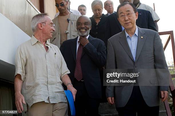 In this handout image provided by the United Nations Stabilization Mission in Haiti , UN Secretary General Ban Ki-moon , Haitian President Rene...