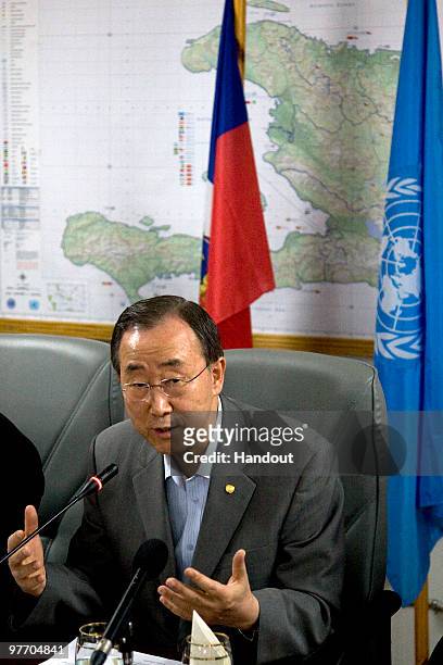 In this handout image provided by the United Nations Stabilization Mission in Haiti , UN Secretary General Ban Ki-moon speaks during a press...