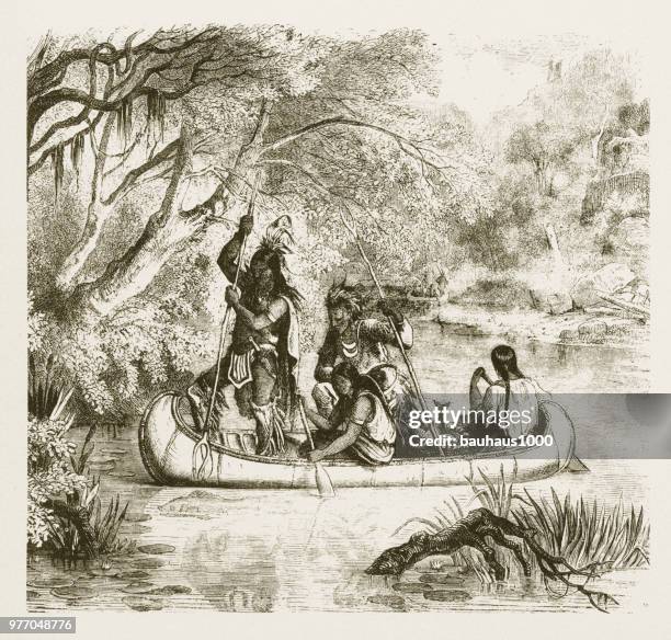 ilustraciones, imágenes clip art, dibujos animados e iconos de stock de pesca desde una canoa de indios de lanza grabado, 1859 - indios apache