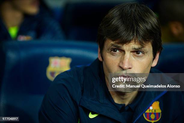 Tito Vilanova, assistant coach of FC Barcelona looks on before the La Liga match between Barcelona and Valencia at the Camp Nou Stadium on March 14,...