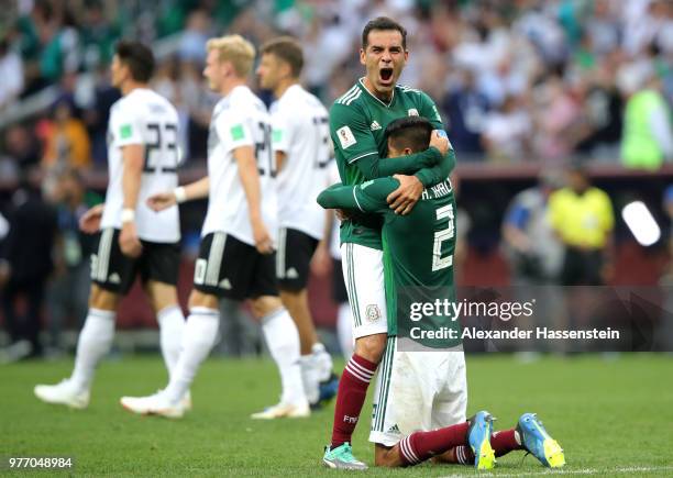 Hugo Ayala of Mexico celebrates with team mate Rafael Marquez following his sides victory in the 2018 FIFA World Cup Russia group F match between...