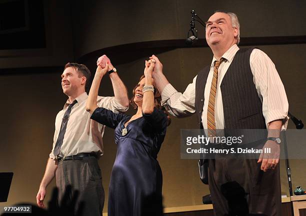 Actor Brian Hutchison, Actress Valerie Harper and Actor Michael Mulheren attends the curtain call during the Broadway opening of ''Looped'' at Lyceum...
