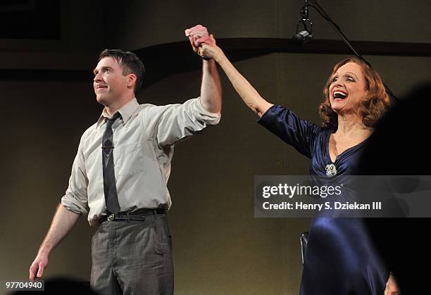 Actor Brian Hutchison and Actress Valerie Harper attends the curtain call during the Broadway opening of ''Looped'' at Lyceum Theatre on March 14,...