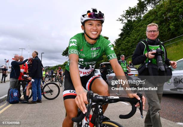 Arrival / Coryn Rivera of The United States and Team Sunweb Green Leader Jersey / Celebration / during the 5th OVO Energy Women's Tour 2018, Stage 5...