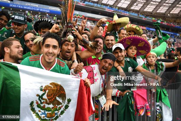 Mexico fans celebrate following their sides victory in the 2018 FIFA World Cup Russia group F match between Germany and Mexico at Luzhniki Stadium on...