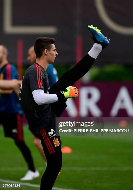 Spain's goalkeeper Kepa Arrizabalaga Revuelta attends a training session at Krasnodar Academy on June 17 during the Russia 2018 World Cup football...