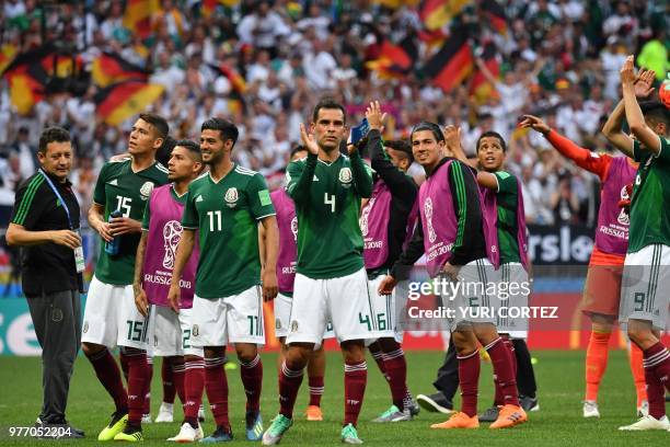 Mexico's defender Hector Moreno, Mexico's goalkeeper Alfredo Talavera, Mexico's forward Carlos Vela, Mexico's midfielder Rafael Marquez and Mexico's...