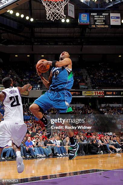Wayne Ellington of the Minnesota Timberwolves gets to the basket against the Sacramento Kings on March 14, 2010 at ARCO Arena in Sacramento,...