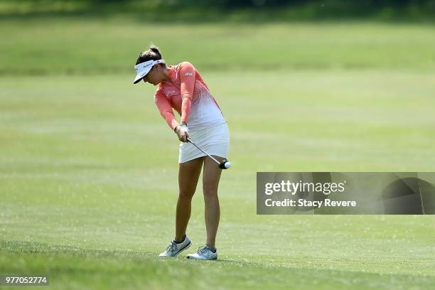 Sandra Gal of Germany hits her second shot on the first hole during the final round of the Meijer LPGA Classic for Simply Give at Blythefield Country...