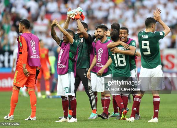 Mexico players applaud fans following their sides victory in the 2018 FIFA World Cup Russia group F match between Germany and Mexico at Luzhniki...