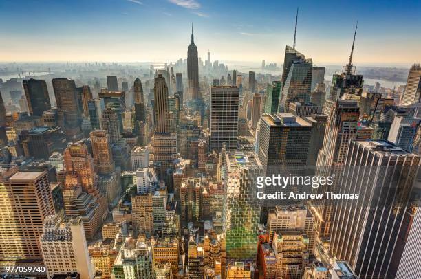 aerial view of city, new york city, new york state, usa - rockefeller centre stock pictures, royalty-free photos & images