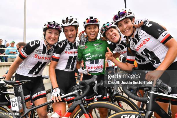 Arrival / Coryn Rivera of The United States Green Leader Jersey / Celebration / Lucinda Brand of The Netherlands / Leah Kirchmann of Canada /...