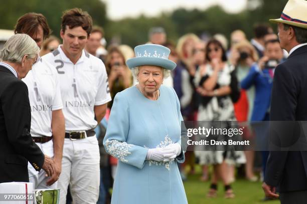 Queen Elizabeth II attends the Cartier Queen's Cup Polo at Guards Polo Club on June 17, 2018 in Egham, England.