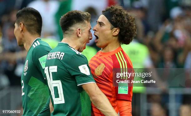 Hector Herrera, goalkeeper of Mexico Guillermo Ochoa celebrate the victory following the 2018 FIFA World Cup Russia group F match between Germany and...