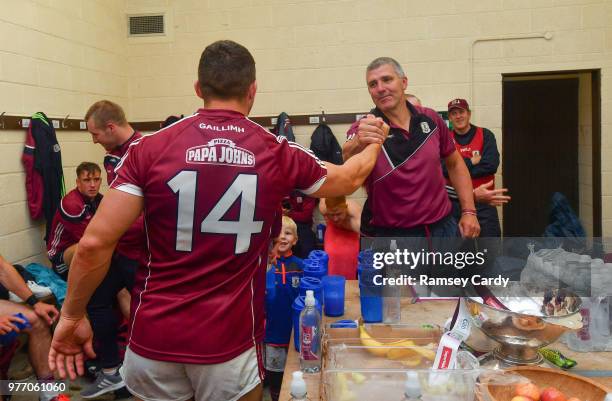 Roscommon , Ireland - 17 June 2018; Galway manager Kevin Walsh congratulates Damien Comer following the Connacht GAA Football Senior Championship...