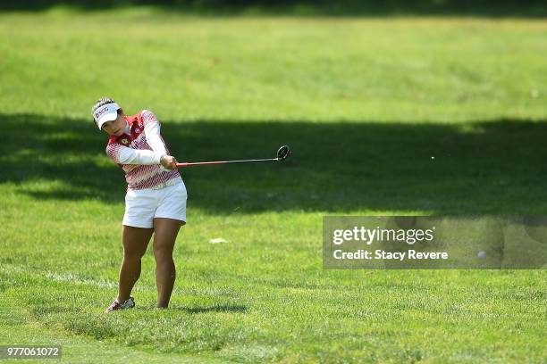 Moriya Jutanugarn of Thailand hits her second shot on the first hole during the final round of the Meijer LPGA Classic for Simply Give at Blythefield...