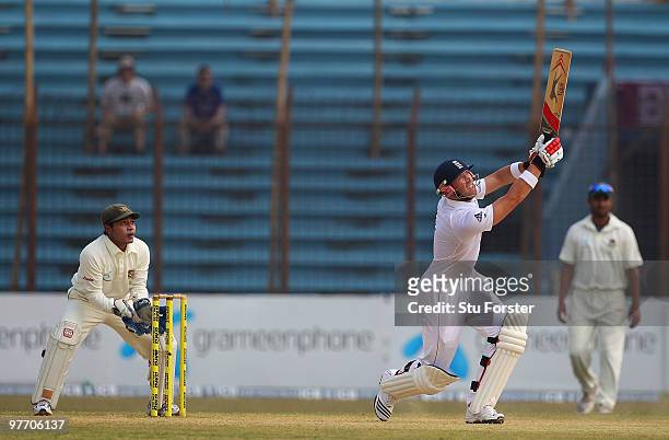 England batsman Matt Prior hits out during day four of the 1st Test match between Bangladesh and England at Jahur Ahmed Chowdhury Stadium on March...