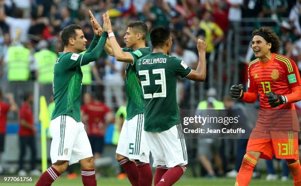 Rafael Marquez, Diego Reyes, Jesus Gallardo, goalkeeper of Mexico Guillermo Ochoa celebrate the victory following the 2018 FIFA World Cup Russia...