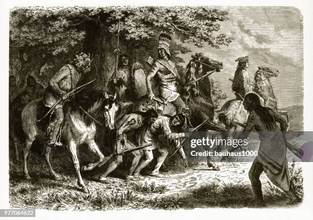 us-soldaten, indianer verfolgung gravur, 1872 - bauhaus art movement stock-grafiken, -clipart, -cartoons und -symbole
