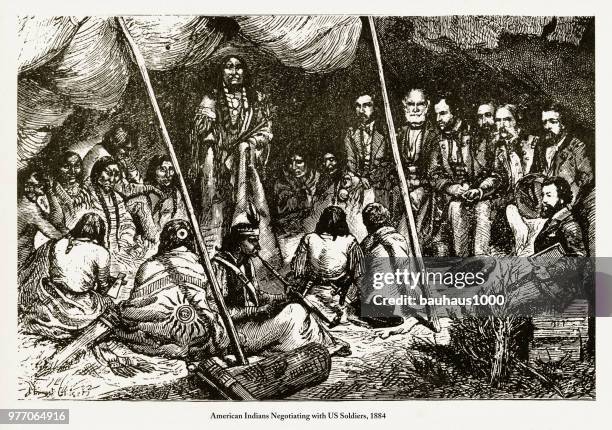 negotiating with us soldiers, american indians engraving, 1884 - apache culture stock illustrations