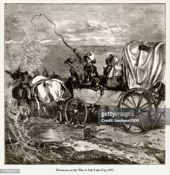 mormons on the way to salt lake city engraving, 1871 - ox driven stock illustrations