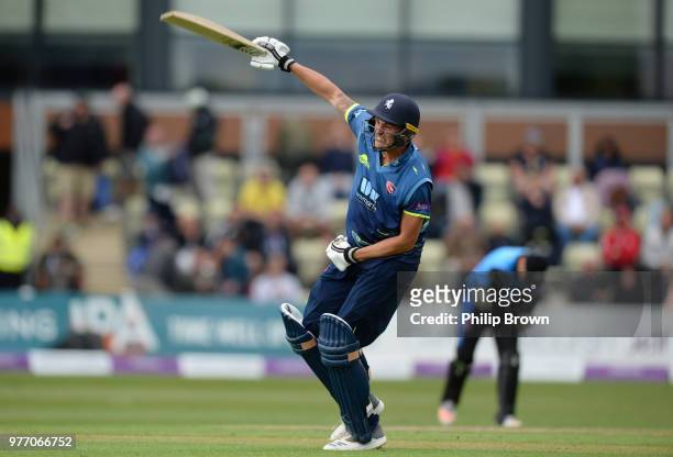 Harry Podmore of Kent celebrates after hitting the winning runs in the Royal London One-Day Cup Semi-Final match between Worcestershire Rapids and...