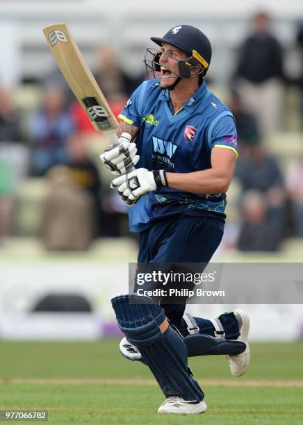 Harry Podmore of Kent celebrates after hitting the winning runs in the Royal London One-Day Cup Semi-Final match between Worcestershire Rapids and...