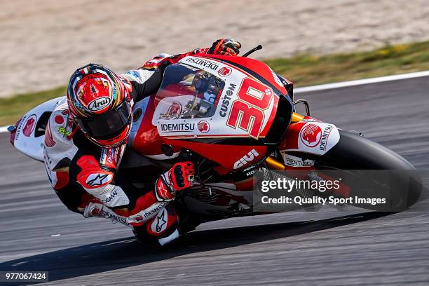 Takaaki Nakagami of Japan and LCR Honda Idemitsu rides during MotoGP free practice at Circuit de Catalunya on June 17, 2018 in Montmelo, Spain.