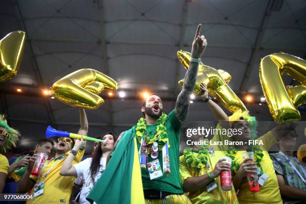 Brazil fans enjoy the pre match atmosphere prior to the 2018 FIFA World Cup Russia group E match between Brazil and Switzerland at Rostov Arena on...