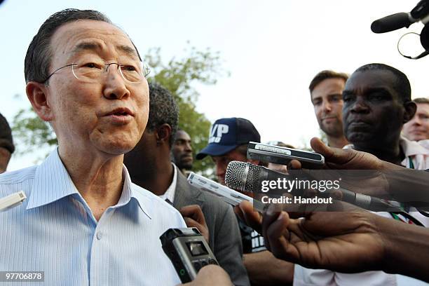 In this handout image provided by the United Nations Stabilization Mission in Haiti , The Secretary-General of the United Nations, Ban Ki-Moon visits...