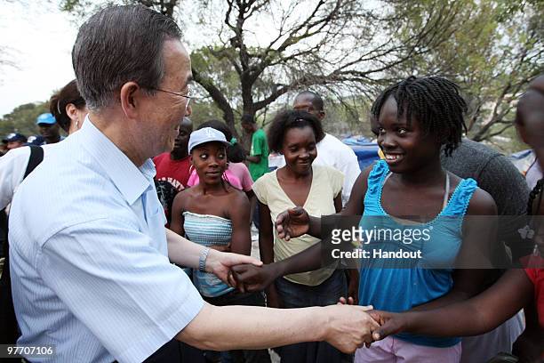 In this handout image provided by the United Nations Stabilization Mission in Haiti , The Secretary-General of the United Nations, Ban Ki-Moon,...