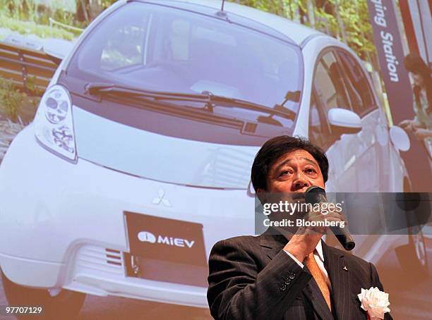 Osamu Masuko, president of Mitsubishi Motors Corp., speaks at a news conference in Tokyo, Japan, on Monday, March 15, 2010. The "CHAdeMO" meeting...