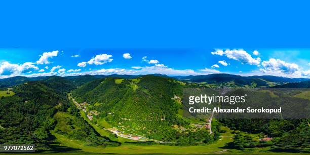 360-degree panoramic aerial view from drone to vosges mountains, alsace, france. green hills and valleys. - 360 vr stock pictures, royalty-free photos & images