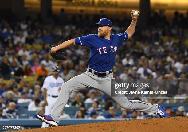 Jake Diekman of the Texas Rangers pitches in the game against the Los Angeles Dodgers at Dodger Stadium on June 13, 2018 in Los Angeles, California.